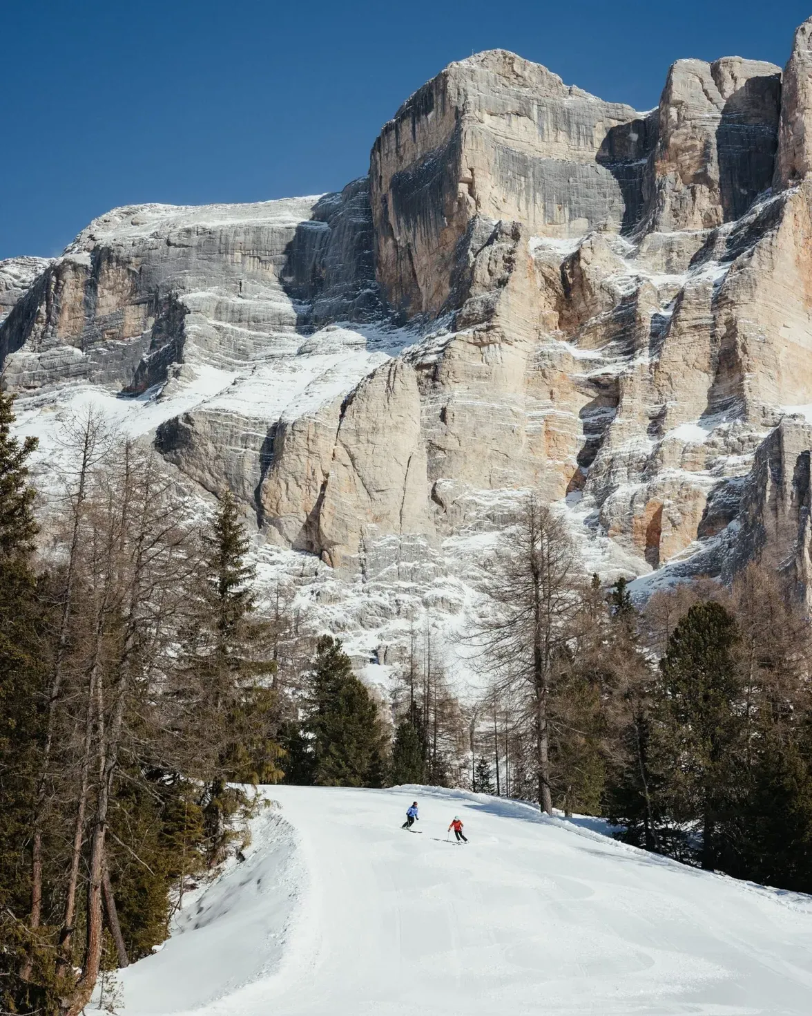 Snowy slope with two skiers under towering rocky cliffs and evergreen trees, bright blue sky.